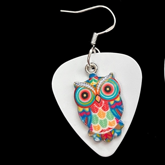 Handcrafted Earrings Repurposed Guitar Picks Wise is the Owl Silver Plate Wires - Picture 4 of 10